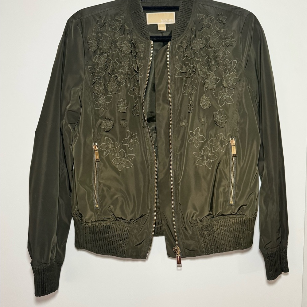 Olive Green Floral Embroidered Bomber Jacket